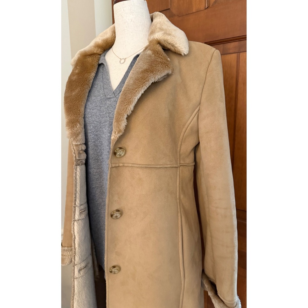 Larry Levine Womens Penny Lane Coat Size Small Camel Faux Fur Lined Western Boho